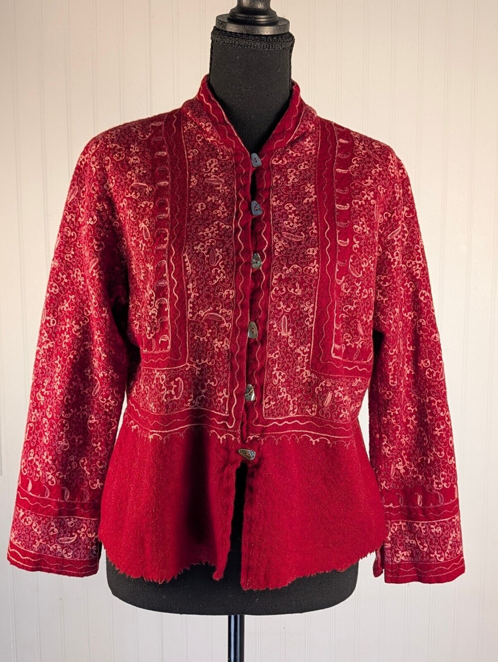 Mieko Mintz Red Kantha Hand-Stitched Felted Wool Artisan Jacket Shell Button  L